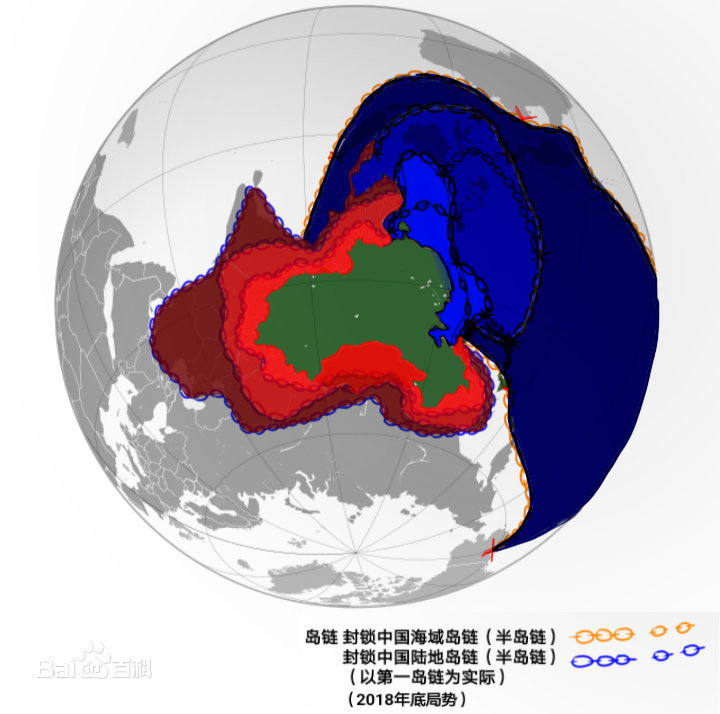 岛链俯视图（中国境内由内至外分别部署有第一、二、三岛链）
