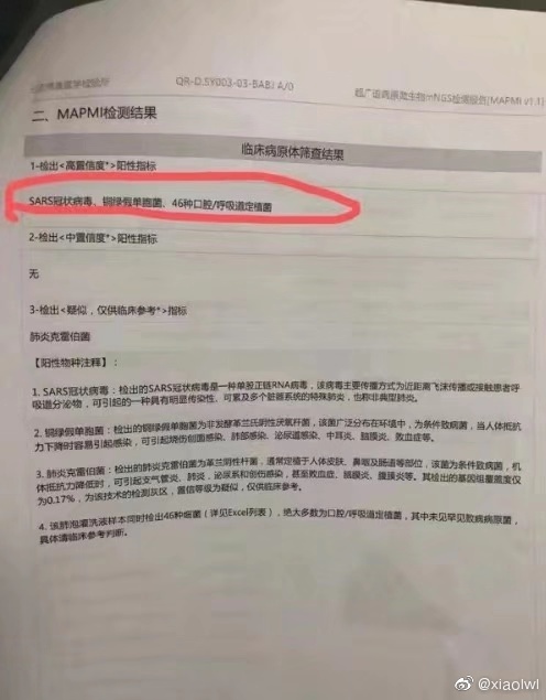 12月30日，李文亮看到一份病人的检测报告，检出SARS冠状病毒高置信度阳性指标，开始网络示警。