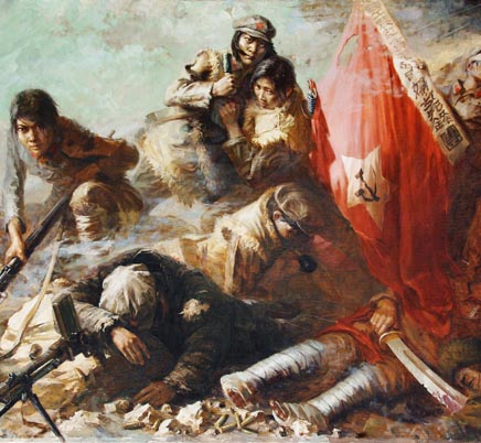 油画《战斗中的西路军妇女团》。图源：中共河北历史网
