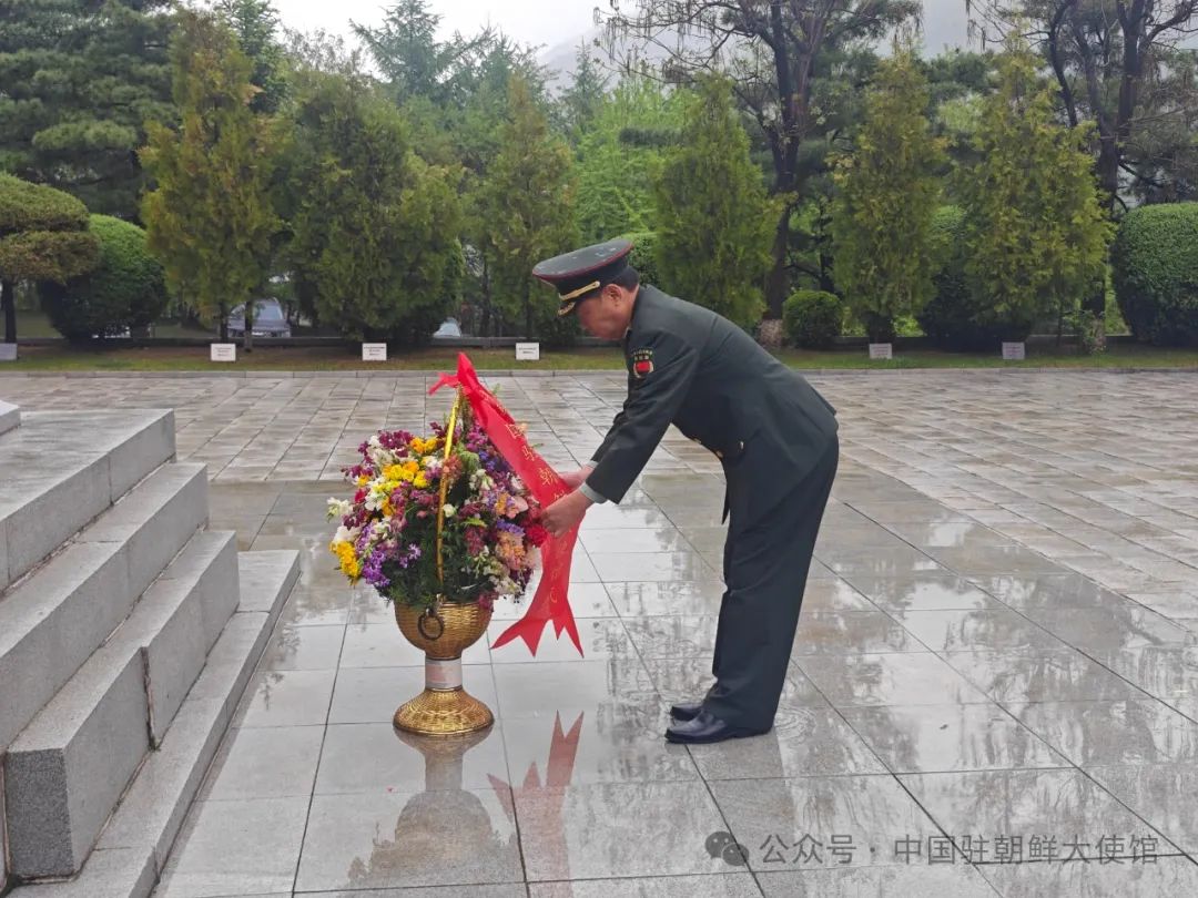 中国驻朝鲜使馆武官处祭扫桧仓中国人民志愿军烈士陵园及毛岸英烈士墓