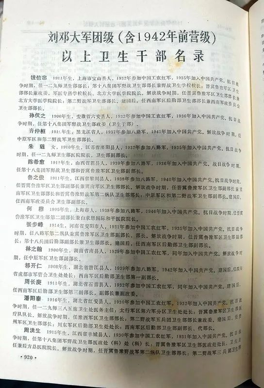 刘邓大军团级（含1942年前营级）以上卫生干部名录（第一部分）