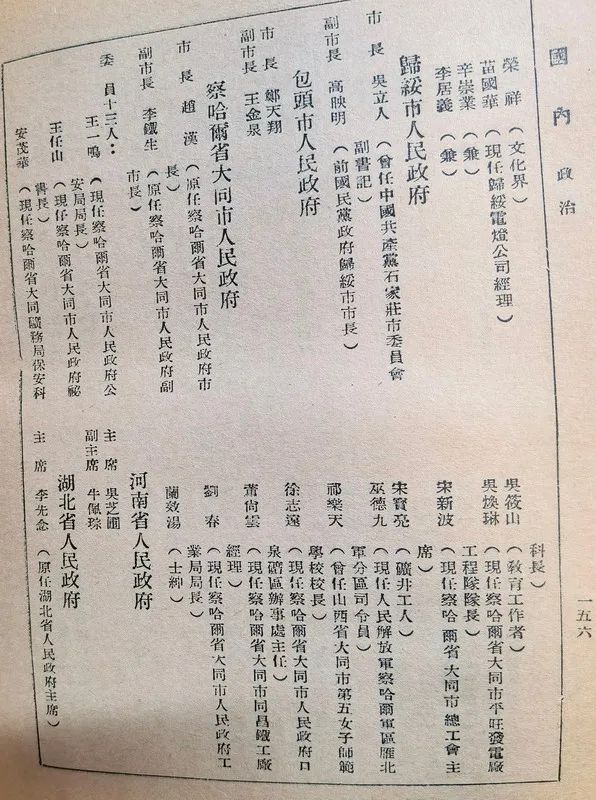 1949年建国初期的各地方政府里的部分任职名单