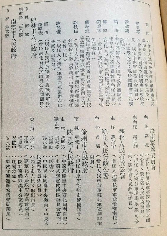 1949年建国初期的各地方政府里的部分任职名单