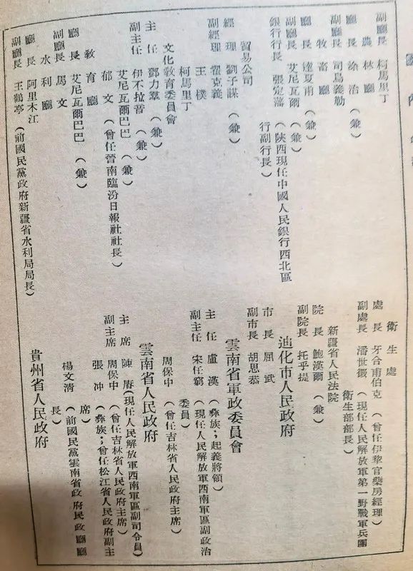 1949年建国初期的各地方政府里的部分任职名单