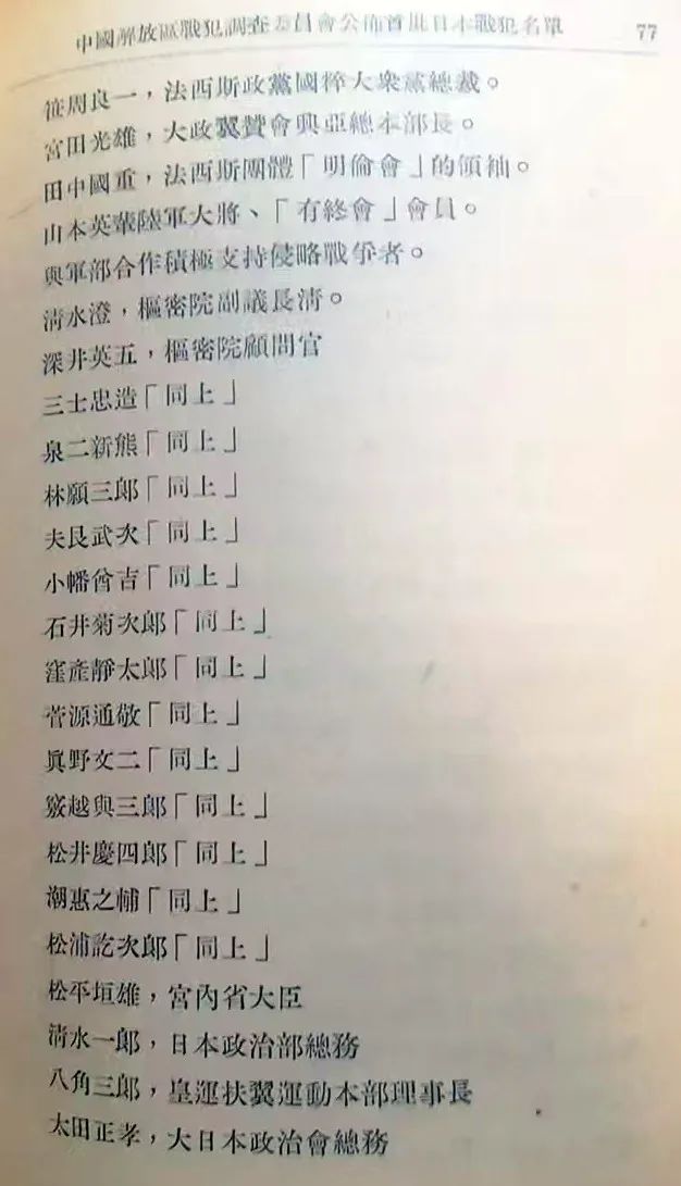 1945年12月中國解放區戰犯調查委員會公布首批日本戰犯名單（续前）