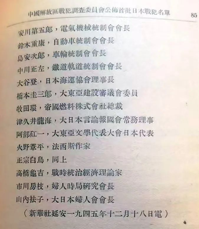 1945年12月中國解放區戰犯調查委員會公布首批日本戰犯名單（续前）