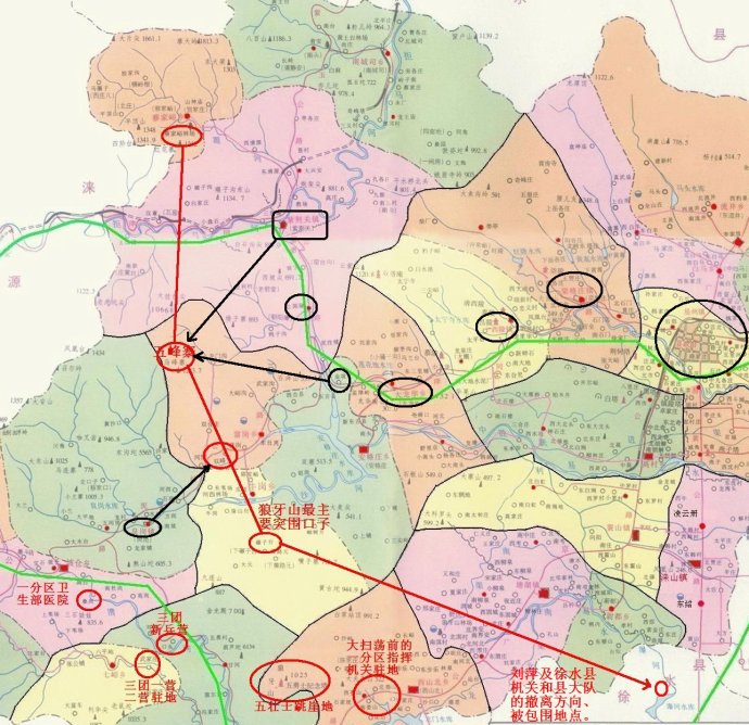 1941年9月25狼牙山突围示意图，绿线是易涞公路，黑圈是鬼子据点